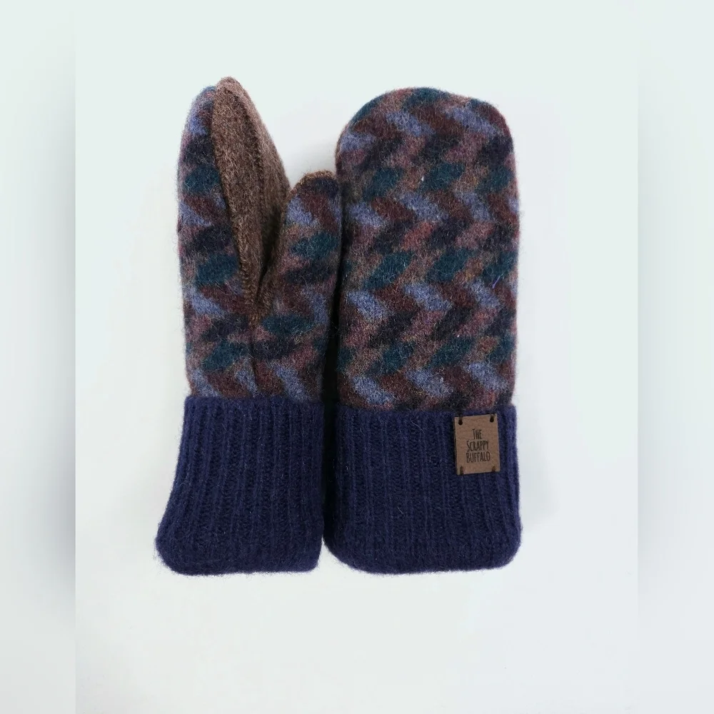 Upcycled Navy Blue and Brown Big Kids Wool Mittens Sherpa Lining Children's